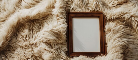 Aufkleber - Empty wooden photo frame over cozy and warm fur carpet. For photography montage. Top view. with copy space image. Place for adding text or design