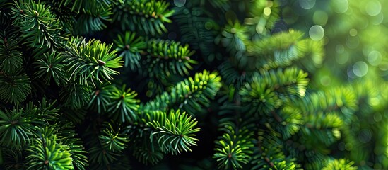 Poster - Brightly green prickly branches of a fir-tree or pine. with copy space image. Place for adding text or design