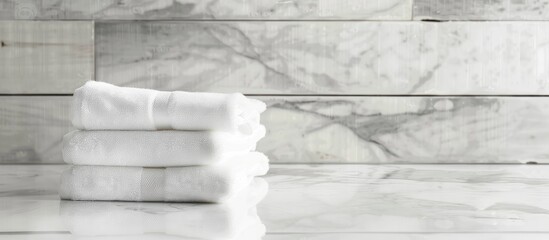 Poster - Pile of paper towels on the white marble surface against white wooden wall pastel background. with copy space image. Place for adding text or design