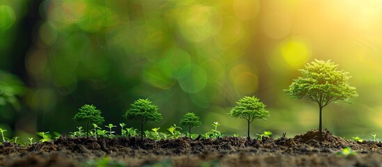 Poster - Small trees of different sizes growing on green background concept of caring for the environment and world environment day. with copy space image. Place for adding text or design
