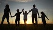 © maxximmm - people in the park. silhouette of a big happy family on a walk with a dog at sunset in a field lifestyle in nature. happy family kid dream concept. big friendly family walk at sunset in the park