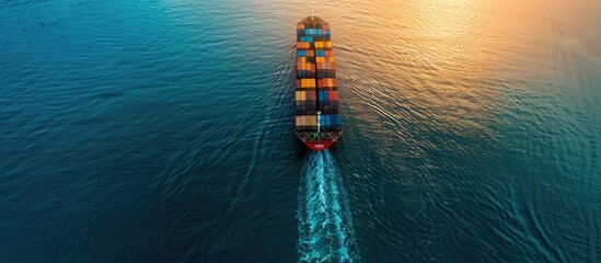 Poster - Aerial view container cargo ship, import export commerce business trade logistic and transportation of International by container cargo ship boat in the open sea, Freight shipping maritime