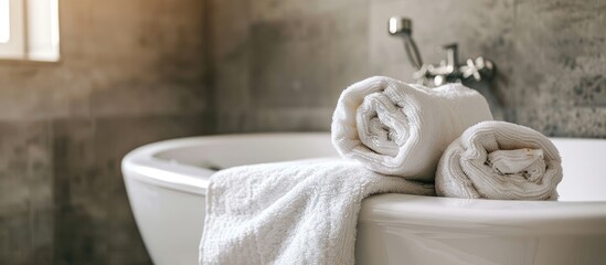 Poster - Big white bath with two fluffy towels . with copy space image. Place for adding text or design