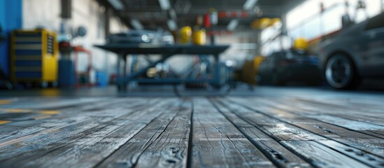 Poster - table with blur background garage for car service. Copy space image. Place for adding text or design