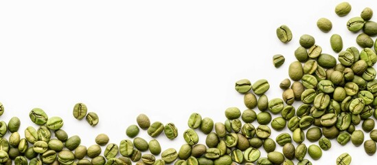 Wall Mural - Dried green coffee beans isolated on white background, top view. Copy space image. Place for adding text or design