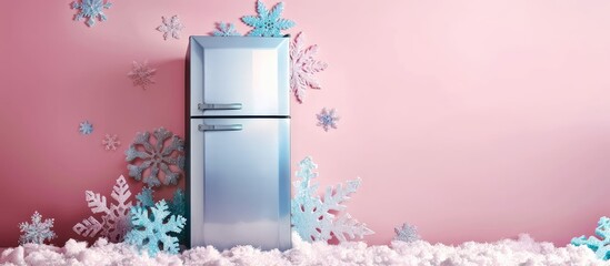 Poster - steel refrigerator and blue snowflakes on pastel background. with copy space image. Place for adding text or design