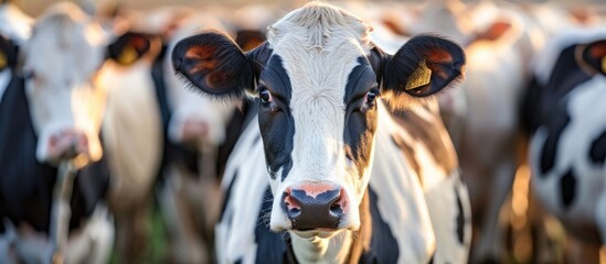 Poster - cows in a farm. Dairy cows in a farm. with copy space image. Place for adding text or design