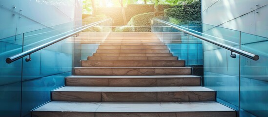 Poster - Stairs with glass railing for go upstairs. Selective focus. with copy space image. Place for adding text or design