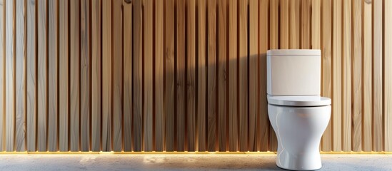 Poster - White toilet bowl near wooden wall in modern bathroom interior. with copy space image. Place for adding text or design