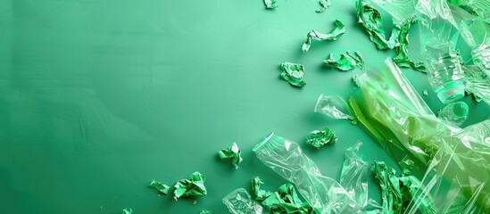 Poster - Plastic waste collection on green background. Concept of Recycling plastic and ecology. Flat lay, top view. Copy space image. Place for adding text or design