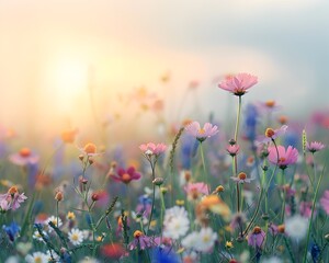 Wall Mural - Soft focus Meadow with Vibrant Wildflowers Offering Serene Natural Backdrop for Organic Product Presentation