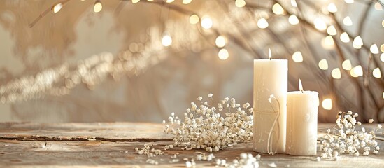 Aufkleber - White dried flowers on a wooden table with candles. with copy space image. Place for adding text or design