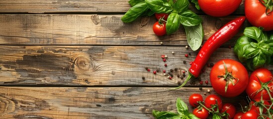 Poster - Fresh ripe vegetables on wooden background. with copy space image. Place for adding text or design