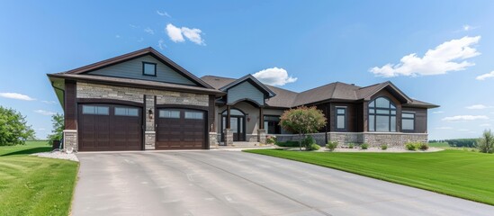 Poster - Large and beautiful home with double garage double front door and blue sky green grass. Copy space image. Place for adding text or design