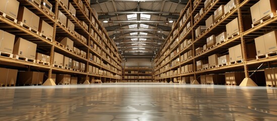 Poster - interior of warehouse. Rows of shelves with boxes. Copy space image. Place for adding text or design
