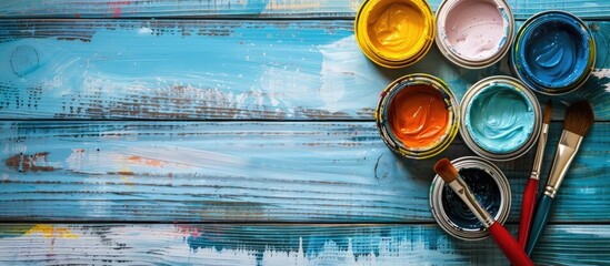 Poster - Cans of paint with brushes and palette samples on wooden background