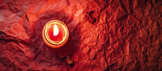 Poster - Burning soy candle and wax flakes on crumpled red paper. with copy space image. Place for adding text or design
