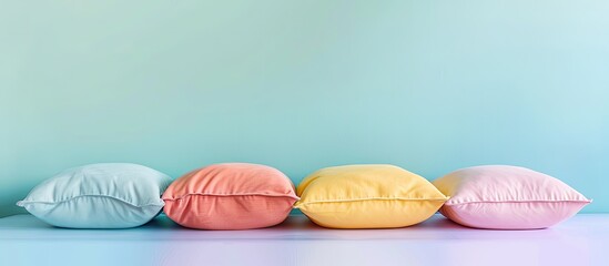 Poster - Set of soft pillows isolated on pastel background  Design. with copy space image. Place for adding text or design
