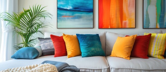 Sticker - neutral living room with colorful pillows on sofa and paintings on wall . with copy space image. Place for adding text or design