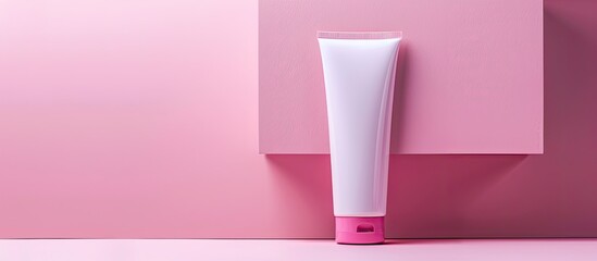 Poster - Blank opened and closed pink tube container packaging on pastel background. Include clipping path around tube. . with copy space image. Place for adding text or design