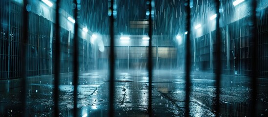 Poster - Dramatic Shot Of High Security Prison Facility Yard From Inside Iron Bars During Rain Storm At Night. Copy space image. Place for adding text or design