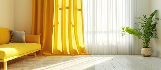 Poster - yellow curtain with rails in a living room . with copy space image. place for adding text or design