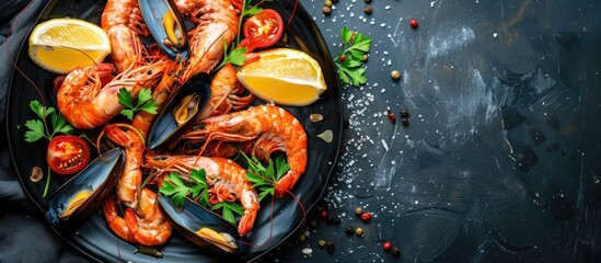Poster - Seafood shrimps prawns squid mussels spotted babylon shellfish crab on plate and dark background / Cooked food served seafood buffet concept. with copy space image. Place for adding text or design