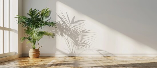 Poster - Houseplant and carpet near light wall in big empty room. with copy space image. Place for adding text or design