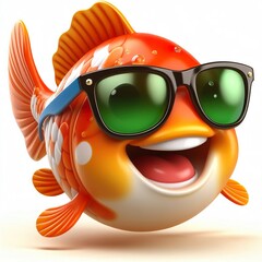 Wall Mural - 3D cartoon of a Happy Koi fish wearing sunglasses isolated white background