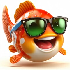 3d cartoon of a happy koi fish wearing sunglasses isolated white background