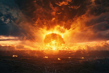 Wall Mural - Generative ai on theme of scary nuclear explosion in outdoor, mushroom cloud of nuclear weapons