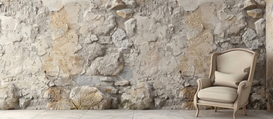 Poster - Soft vintage chair placed in hall in modern flat on background of stone wall. with copy space image. Place for adding text or design