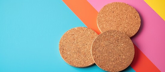 Aufkleber - Mockup of empty blank beer drink cork coasters in studio environment on bright pastel background. with copy space image. Place for adding text or design