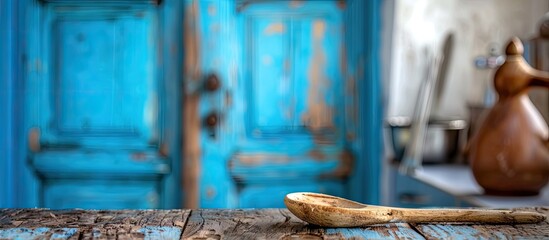 Wall Mural - blurred background of home with blue doors and spoons of wood . with copy space image. Place for adding text or design