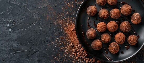 Poster - Chocolate truffles on a black plate with chocolate sauce. Sweets are sprinkled with cocoa powder. Top view. Copy space image. Place for adding text or design