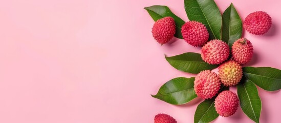 Poster - Lychee with leaves Isolated on pastel background. Tropical fruit. with copy space image. Place for adding text or design