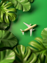 Wall Mural - airplane model surrounded by tropical leaves on green background.
