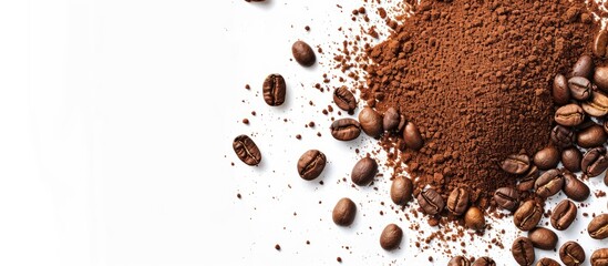 Leinwandbilder - Flat lay of ground coffee with coffee beans isolated on white background. Copy space image. Place for adding text or design