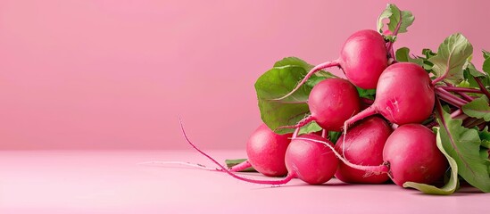 Poster - Fresh radishes isolated on pastel background  Food  Isolated. with copy space image. Place for adding text or design