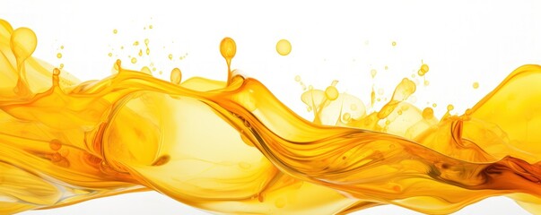 A splash of yellow liquid is splashing across a white background. Concept of movement and energy, as if the liquid is in motion