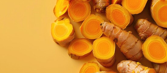 Aufkleber - Closeup turmeric roots slices on pastel background  Food. with copy space image. Place for adding text or design