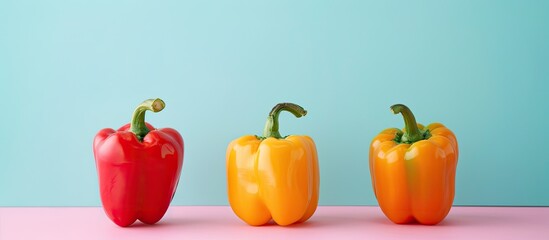 Fototapete - Three colored peppers vegetables Isolated on pastel background. with copy space image. Place for adding text or design