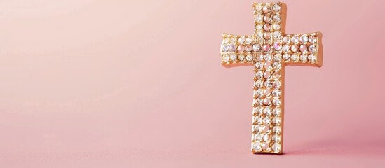 Poster - Gold cross with diamonds pastel background  Isolated. with copy space image. Place for adding text or design