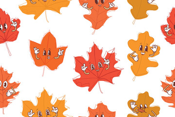 Wall Mural - Seamless pattern of autumn leaves in kawaii style. Vector illustration on white background. Vector illustration