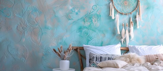 Poster - Beige brown dream catcher and white bedside table in bedroom decor on aquamarine textured background. Copy space for text.