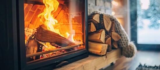 Poster - Winter at home. Closeup of fireplace with orange fire flame interior. Heating. with copy space image. Place for adding text or design