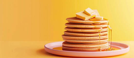 Fototapete - Pancakes with butter and syrup pastel background Isolated. with copy space image. Place for adding text or design