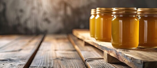 Aufkleber - Little honey cans on the wooden table. Honey variety cans in a row. Bright kitchen interior. Wooden complete kitchen with gas oven. with copy space image. Place for adding text or design