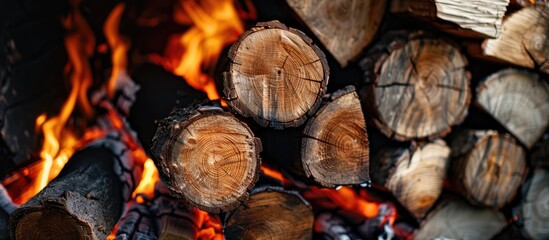 Poster - Close up shot of burning firewood in the fireplace. with copy space image. Place for adding text or design