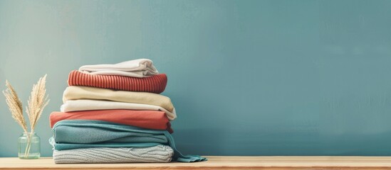 Poster - bunch heap of clothes textile on the shelf, housework concept pastel background. with copy space image. Place for adding text or design